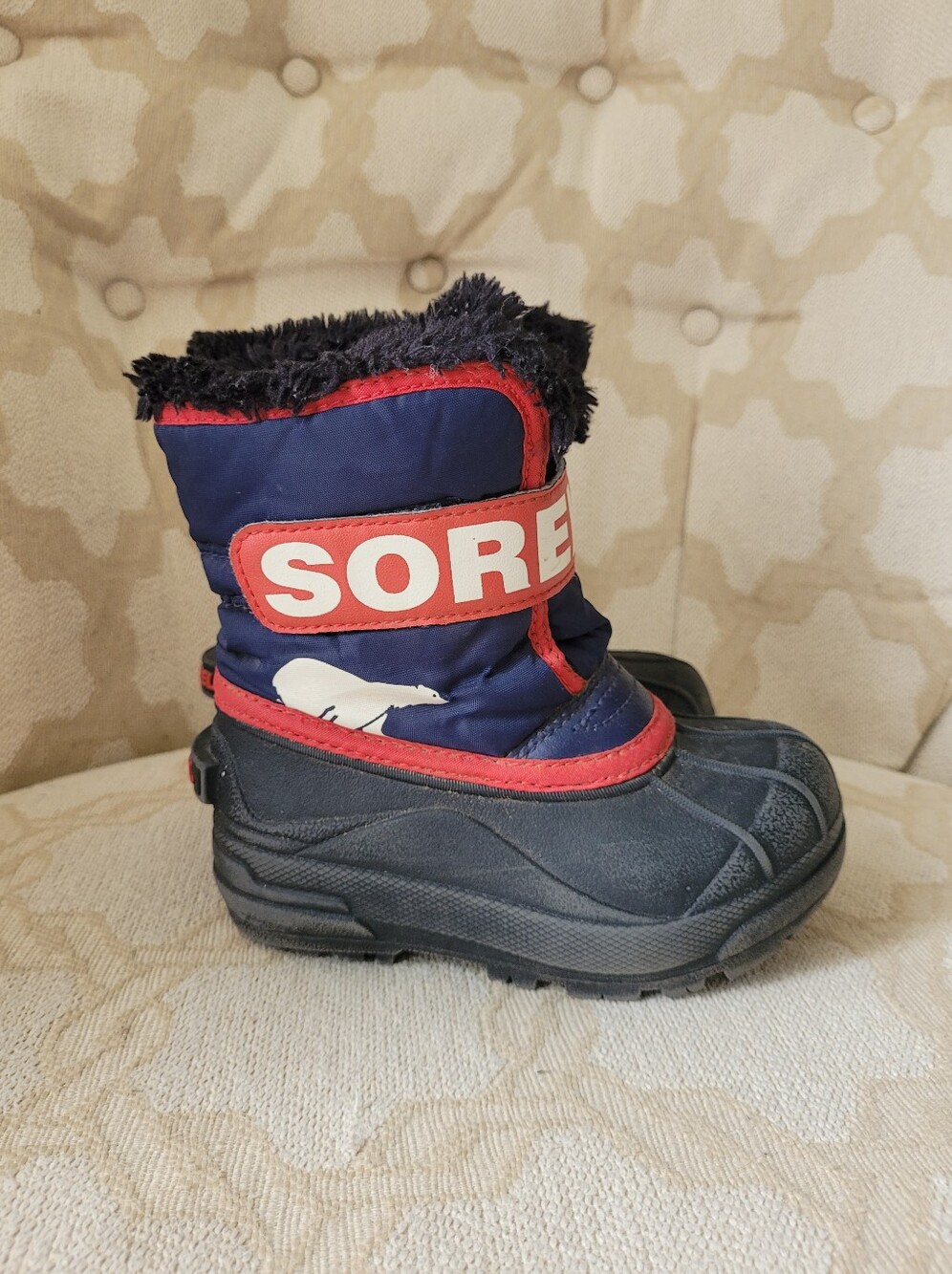 SOREL COMMANDO WINTER SNOW BOOTS EASY ON FAUX FUR TRIM BLUE RED LITTLE KIDS 9